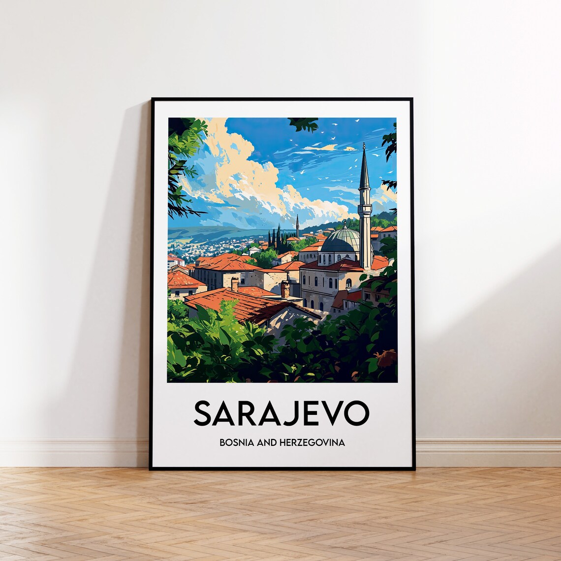 Sarajevo Bosnia Mosque Minaret Cityscape Vintage Travel Poster