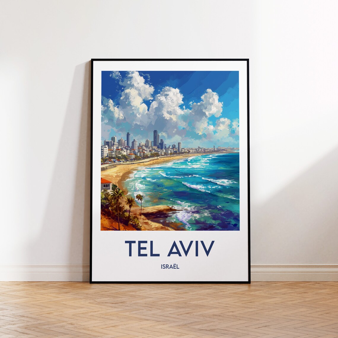 Tel Aviv Israel Vintage Travel Poster Mediterranean Beach Skyline