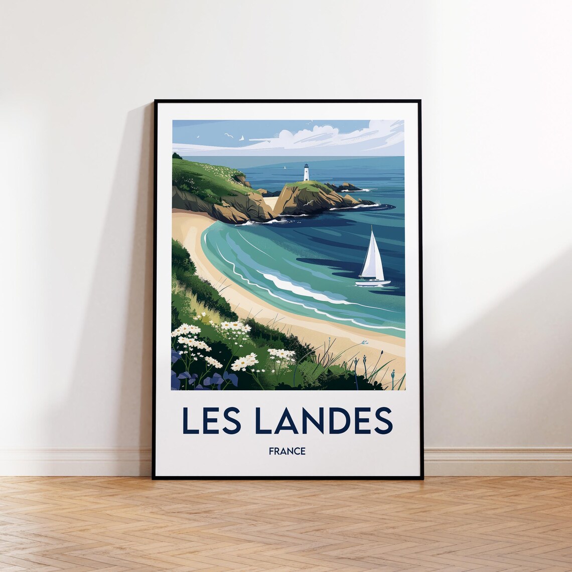 Les Landes France Coastal Bay Lighthouse and Sailboat Poster