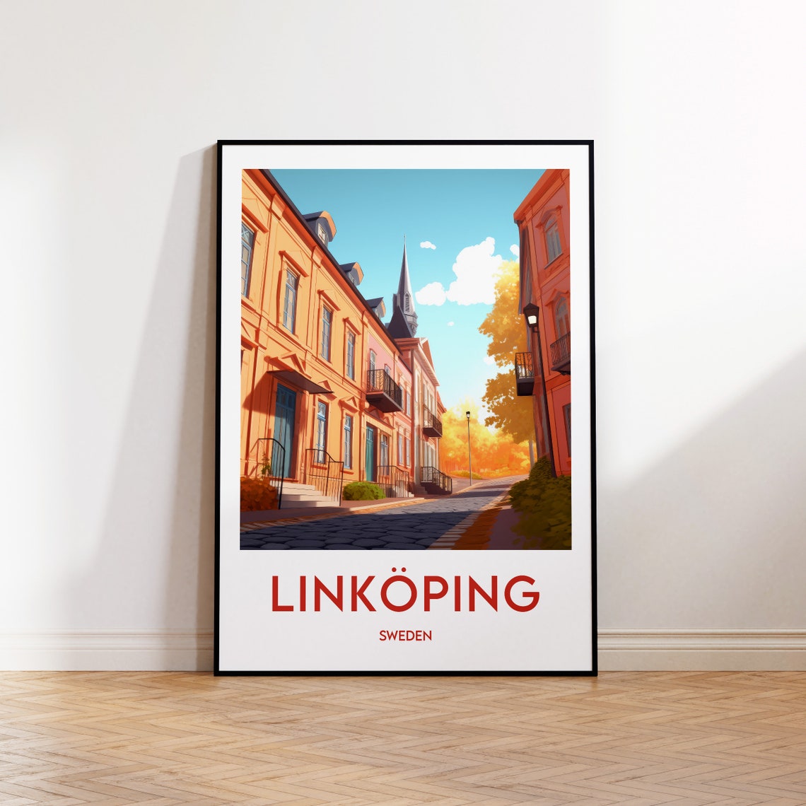 Linkoping Sweden Cobblestone Street Autumn Old Town Scene Poster