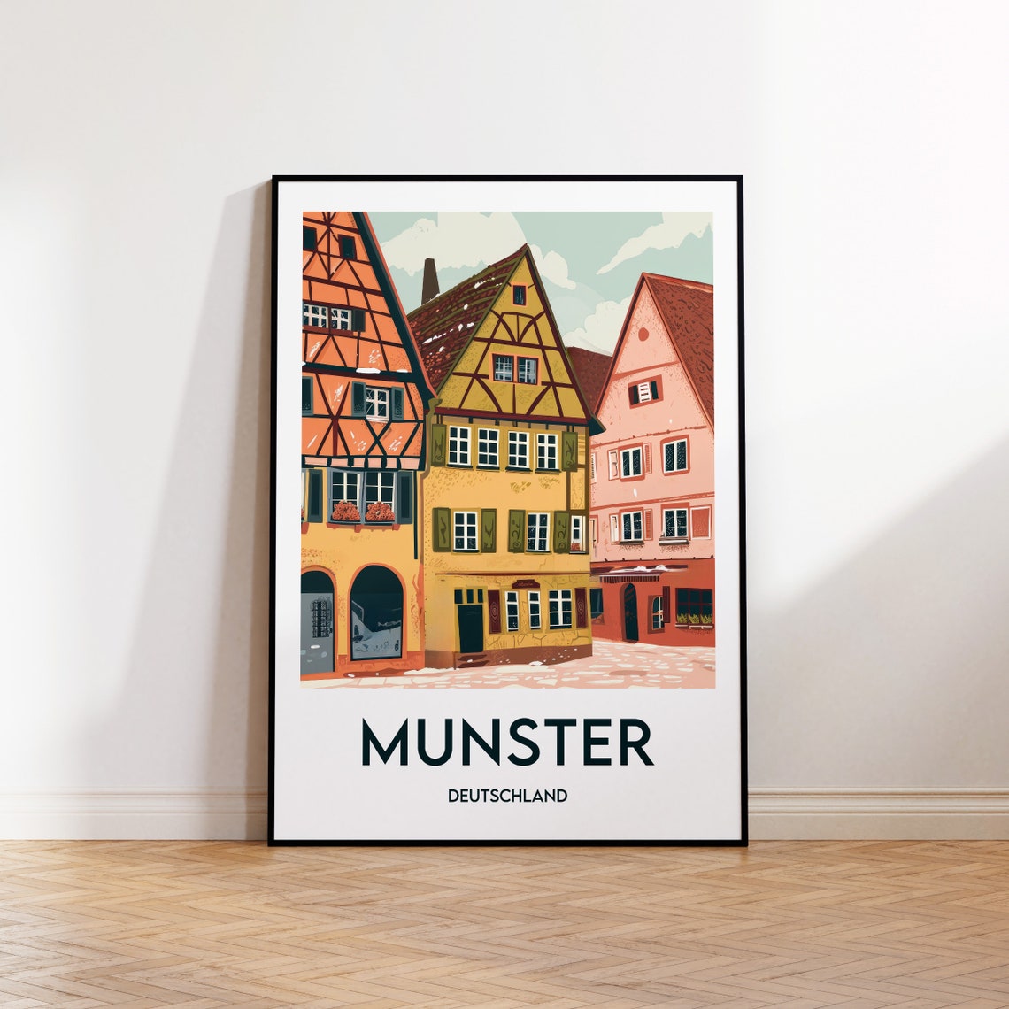 Munster Germany Half Timbered Town Square Vintage Travel Poster