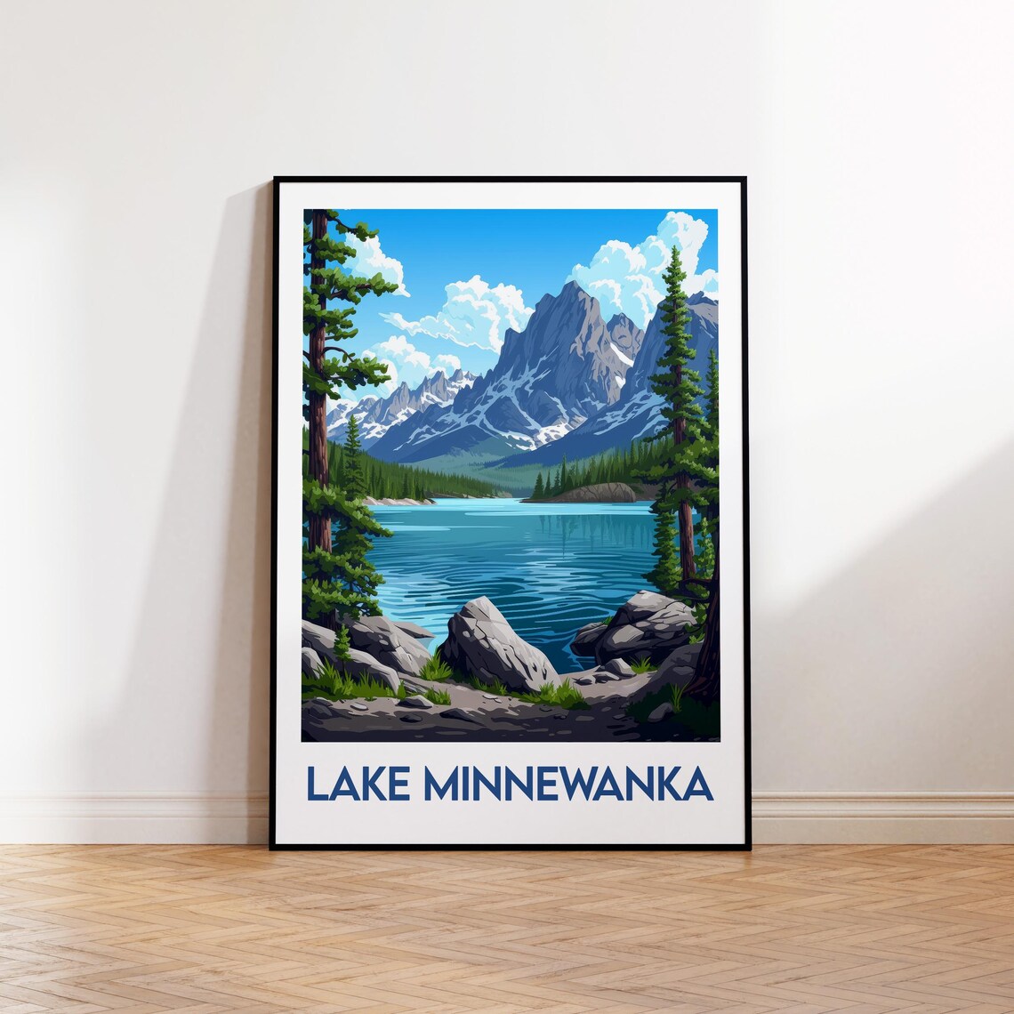 Lake Minnewanka Banff Alpine Lake and Snowy Peaks Travel Poster