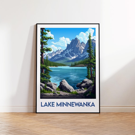 Lake Minnewanka Banff Alpine Lake and Snowy Peaks Travel Poster