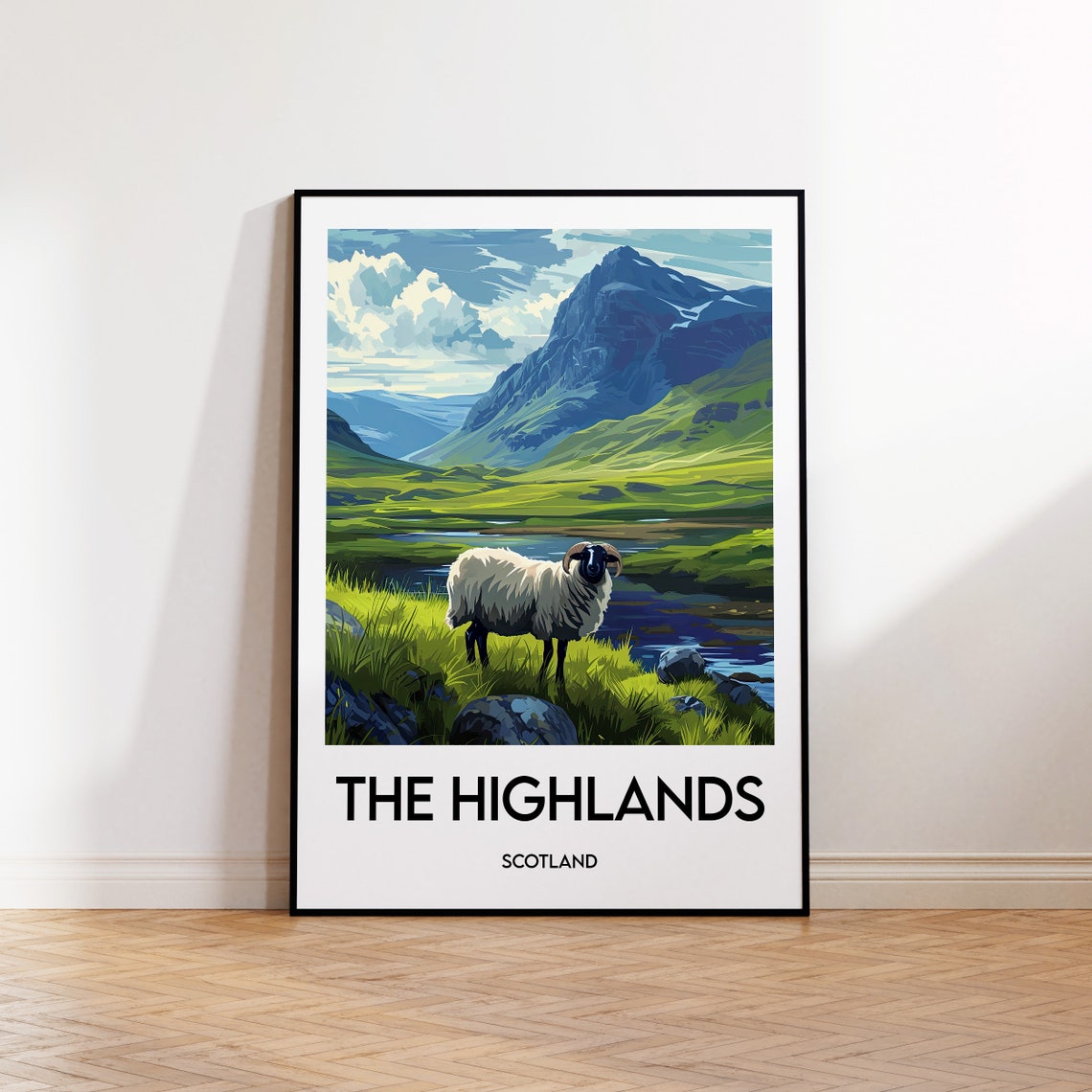 Scottish Highlands Blackface Sheep Mountain Valley Travel Poster