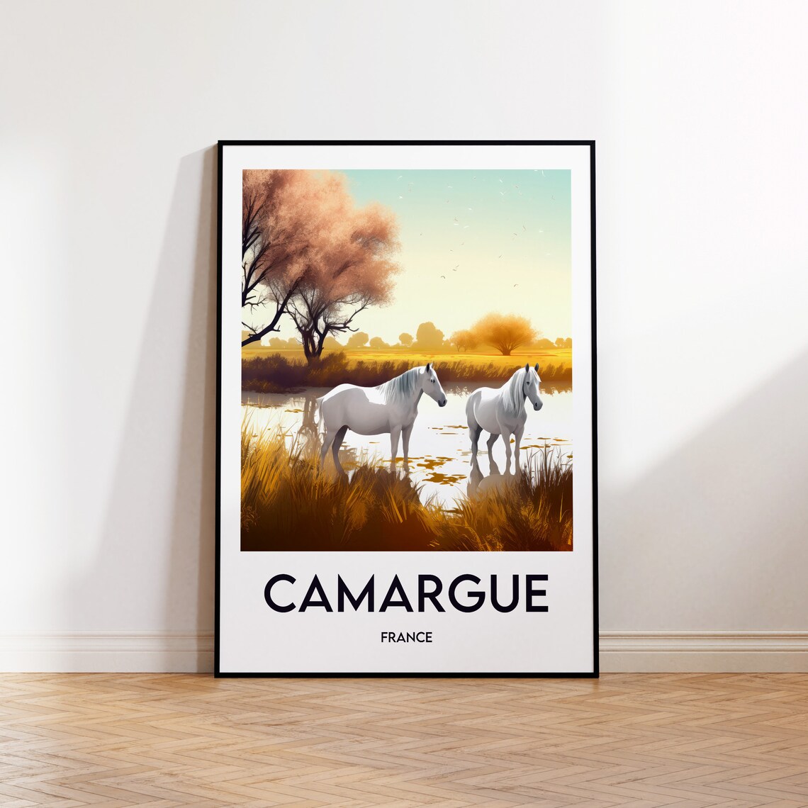 Camargue France White Horses Golden Marsh Sunset Travel Poster
