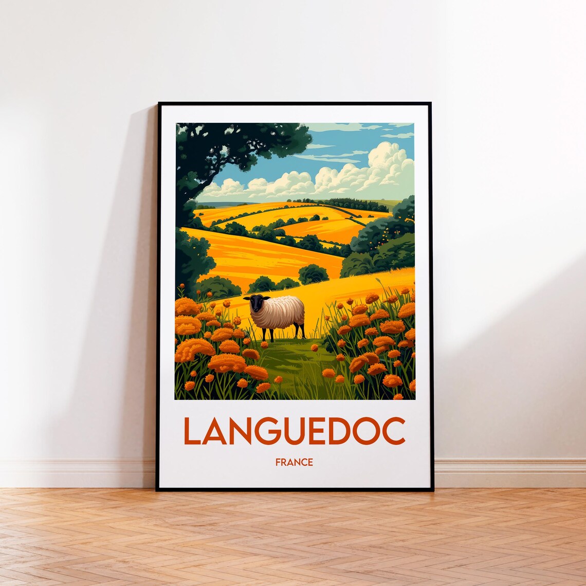 Languedoc France Vintage Travel Poster with Golden Fields and Sheep