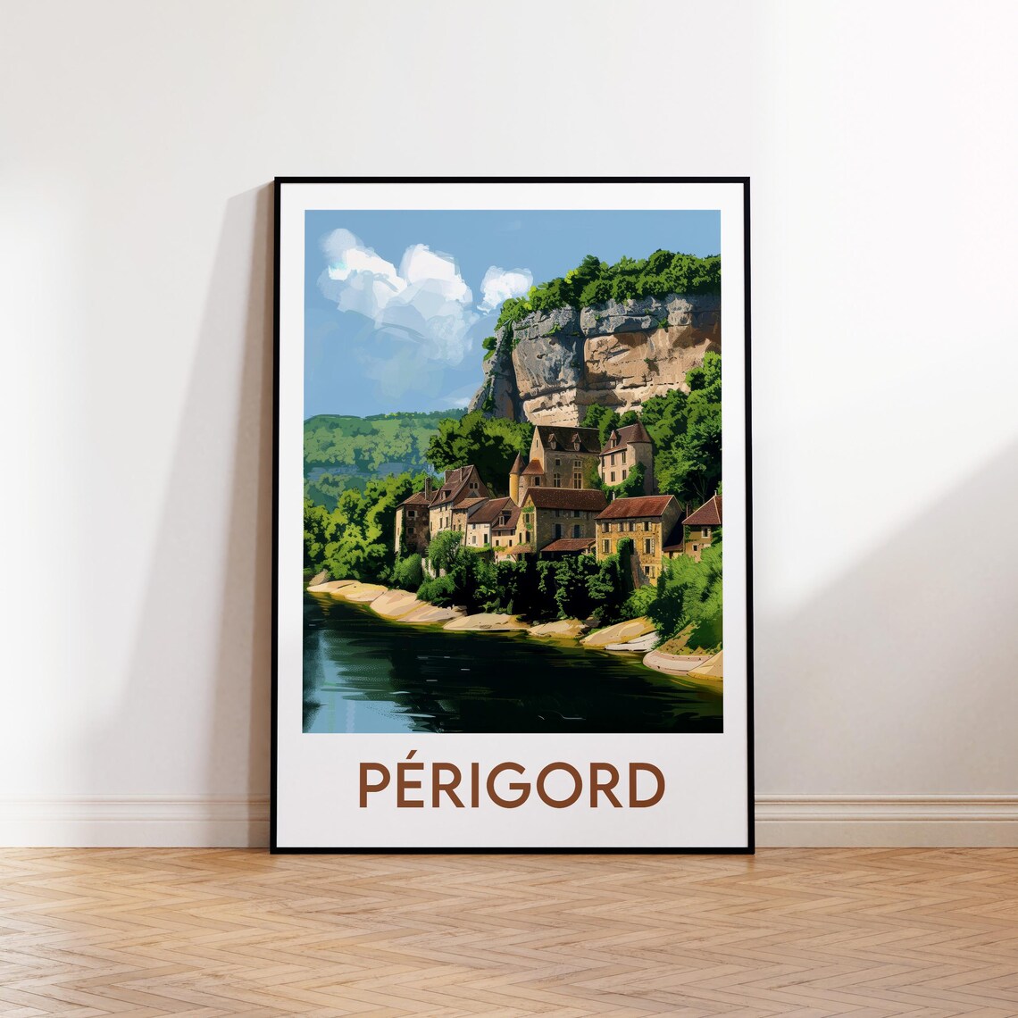 Perigord France Riverside Village Cliff Vintage Travel Poster
