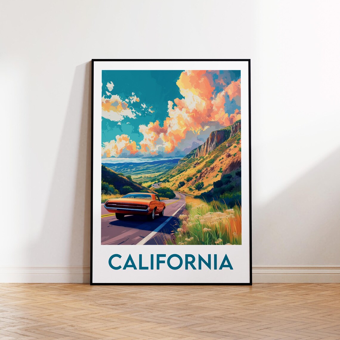 Classic Red Muscle Car Driving a Winding California Mountain Road Poster