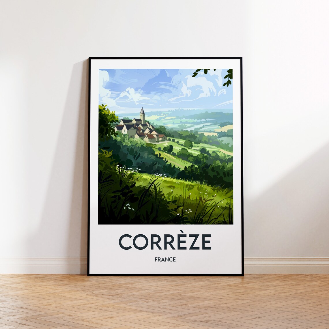 Corrèze France Green Valley Village Church Countryside Travel Poster