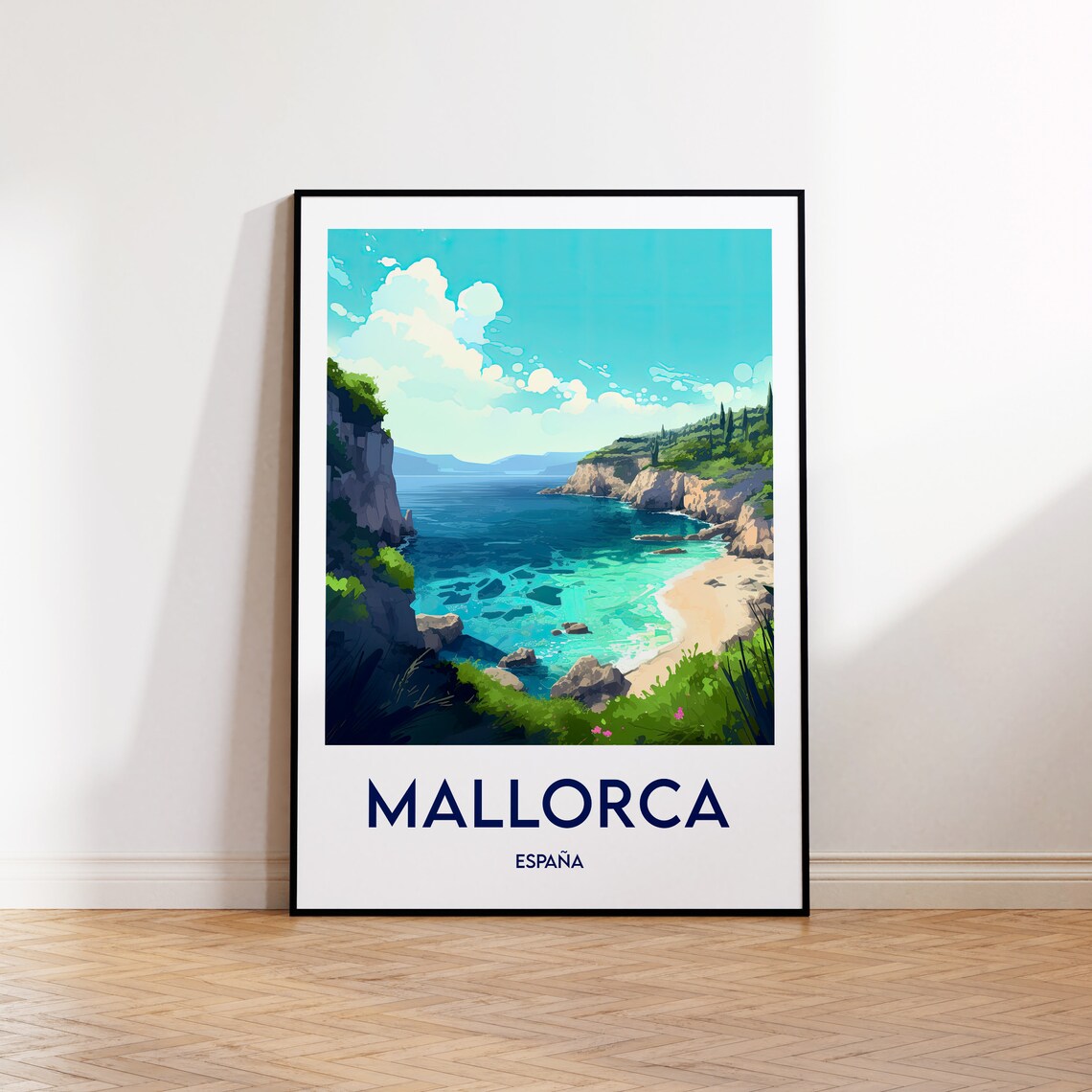 Mallorca Spain Travel Art Turquoise Cove Cliffs Beach Poster