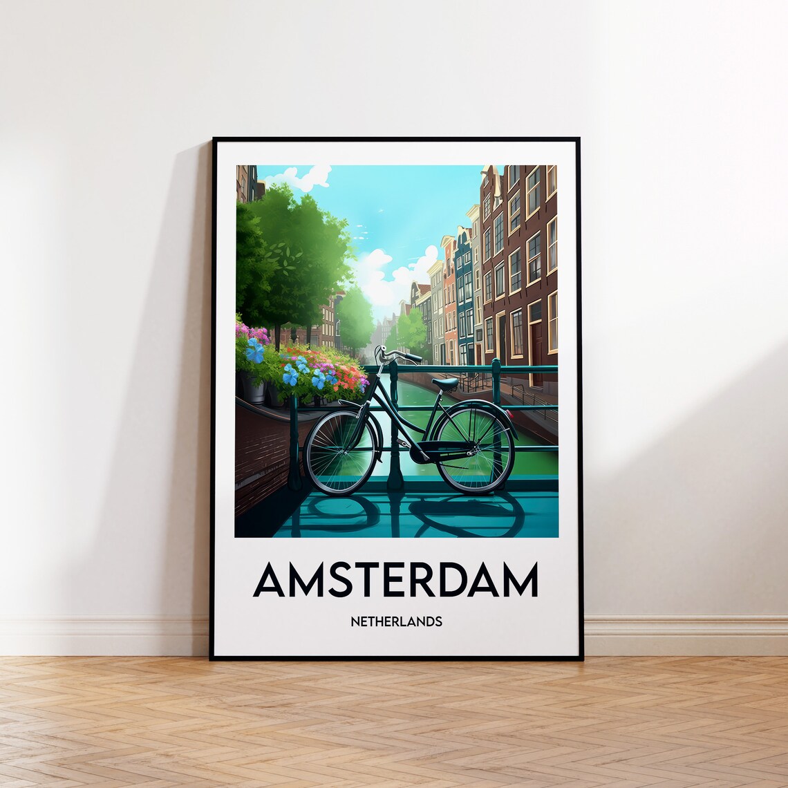 Amsterdam Netherlands Canal Bicycle Illustration Travel Poster