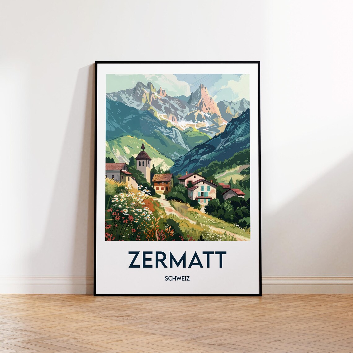 Zermatt Switzerland Alpine Village Beneath Snowy Peaks Travel Poster