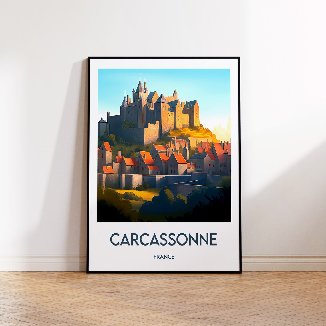 Carcassonne France Medieval Citadel Sunset Illustration Travel Poster