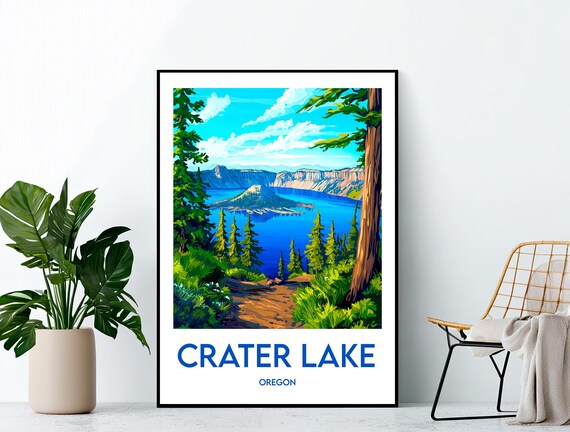 Crater Lake Oregon Vintage Travel Poster With Deep Blue Caldera