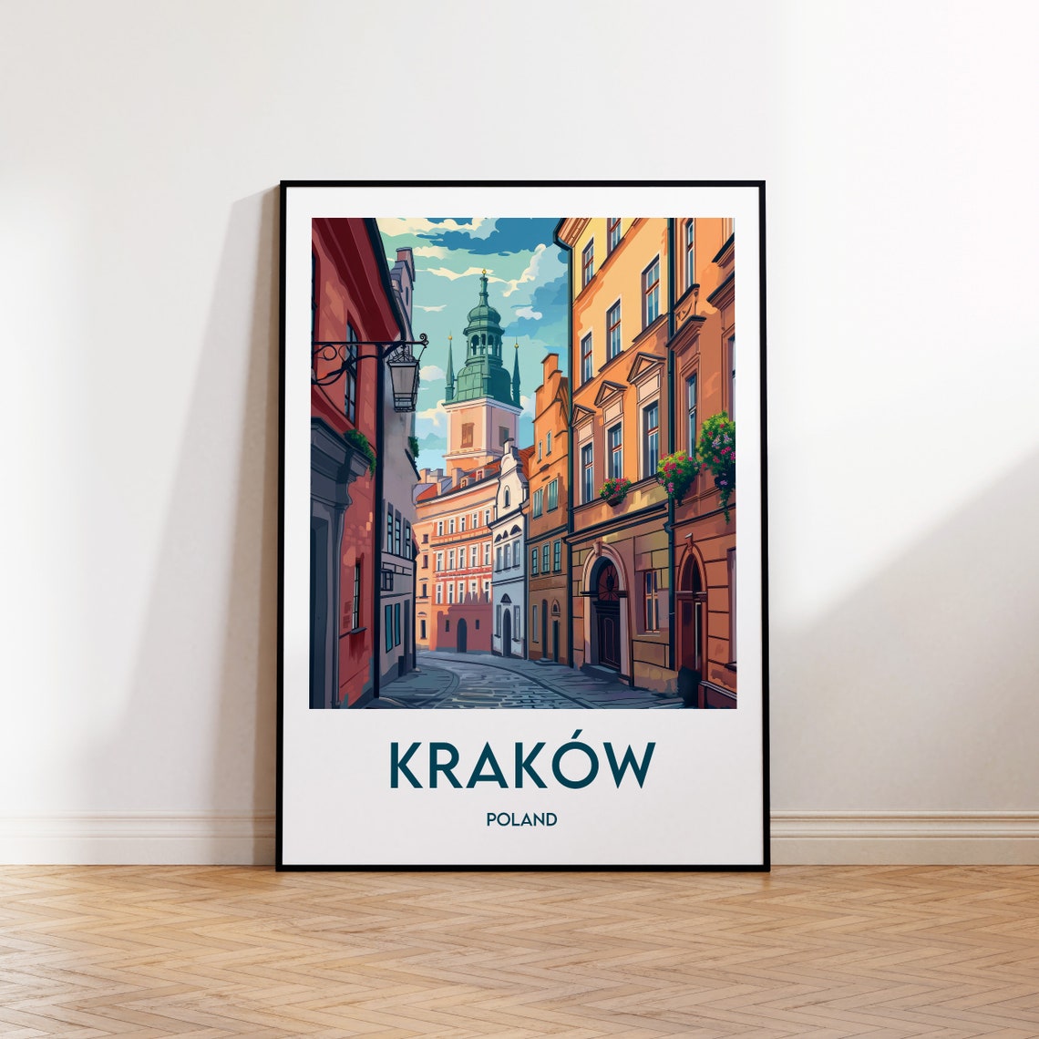 Krakow Poland Old Town Cobblestone Street Church Tower Travel Poster