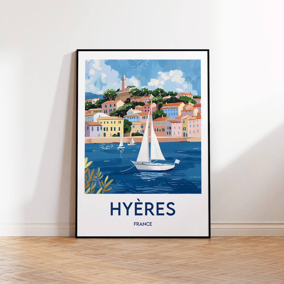 Hyeres France Sailboat Coastal Old Town Vintage Travel Poster