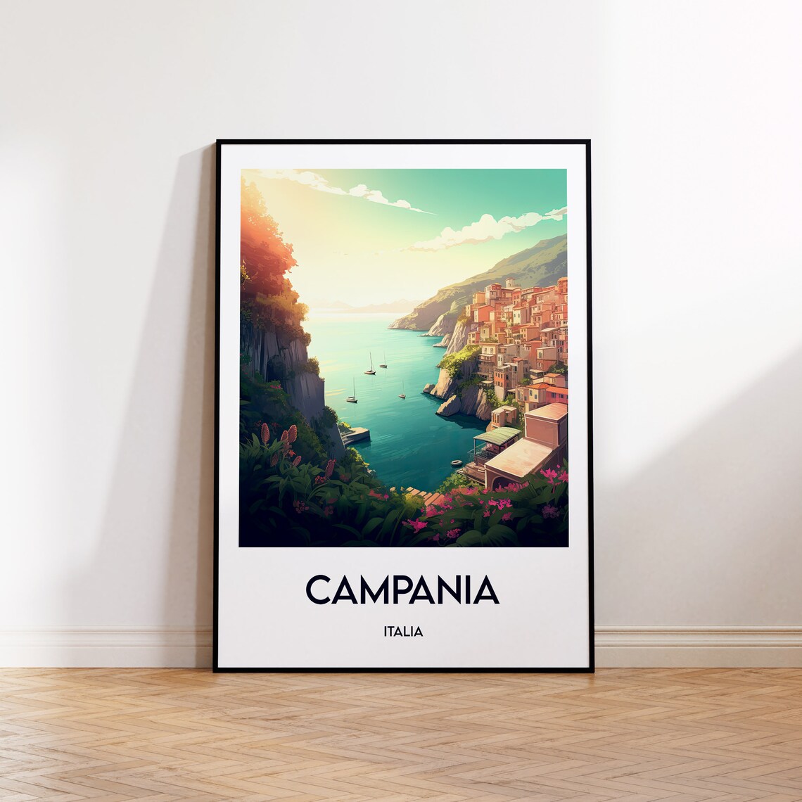 Campania Italia Coast Cliffside Village Vintage Travel Poster