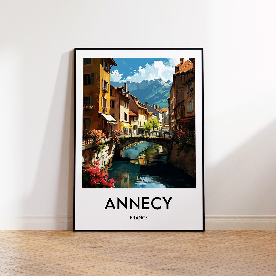 Annecy France Old Town Canal Bridge Alpine Mountain Vista Poster