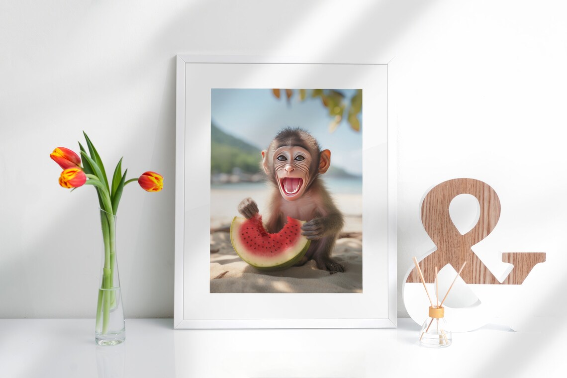 Cute Baby Monkey on a Beach, Tropical Art Print - Image 2