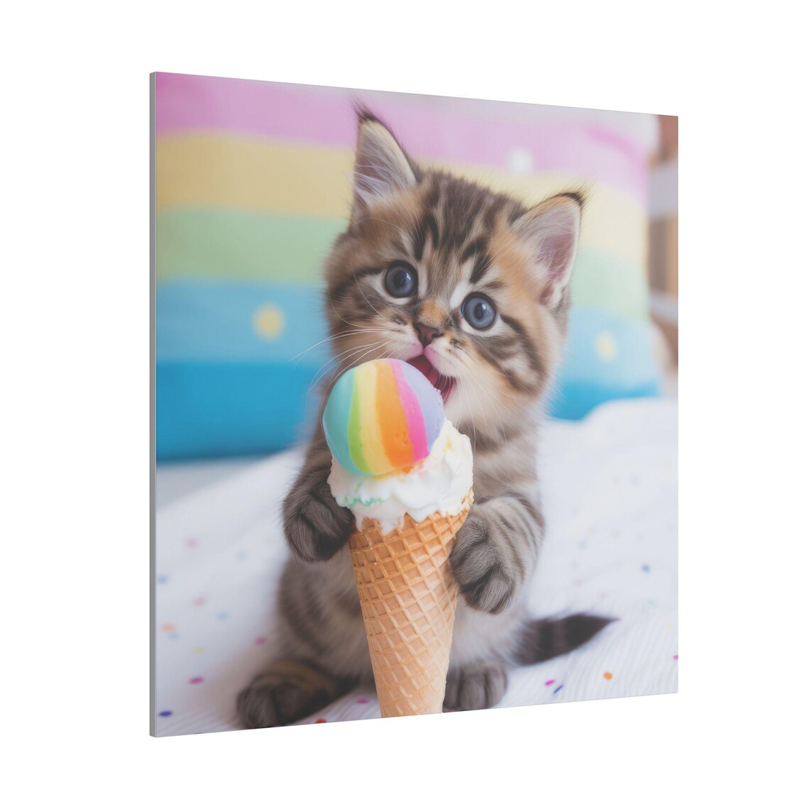 Cute Cat Funny Adorable Kitten Eating Ice Cream Cone - Image 3