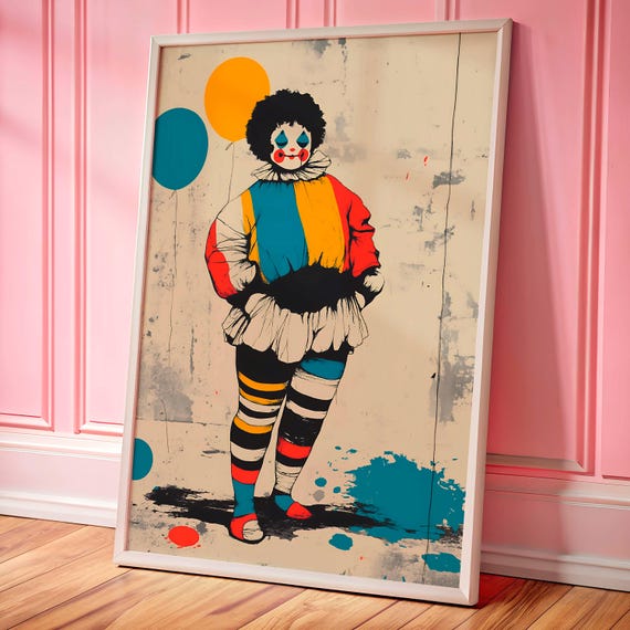 Whimsical Clowncore Wall Art Retro Vibe Maximalist Poster Colorful Clown Print Bold Dopamine Decor For Eclectic Homes