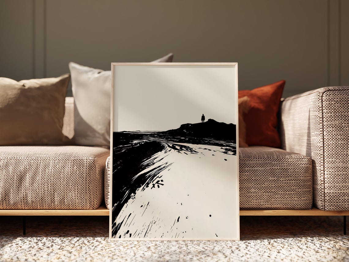 Black and White Ink Landscape With Lone Figure Minimalist Poster