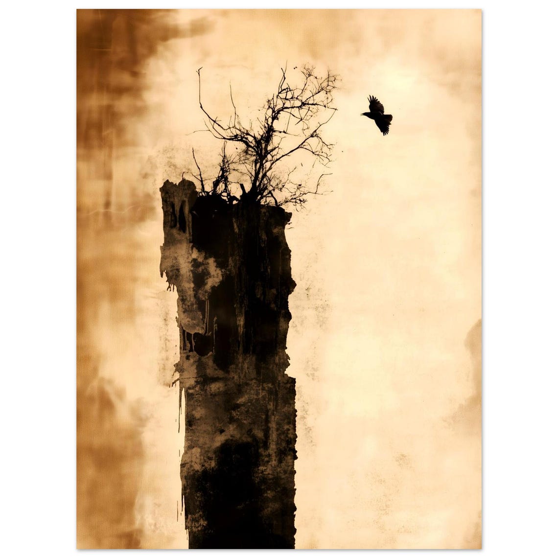 Wabi Sabi Sepia Tree With Crow Black Ink Rustic Nature Poster