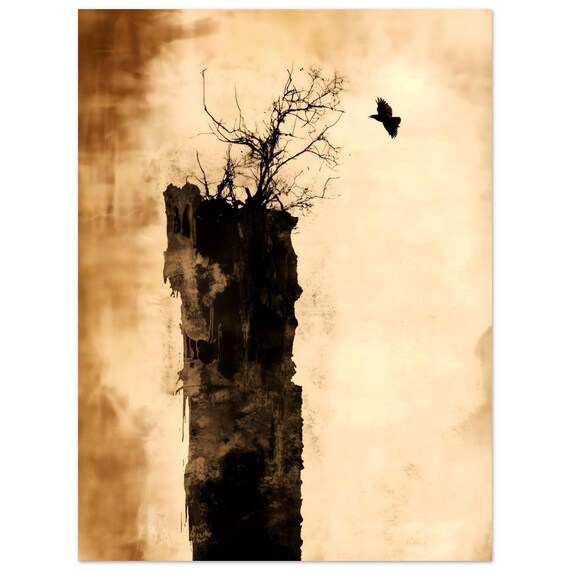 Wabi Sabi Sepia Tree With Crow Black Ink Rustic Nature Poster