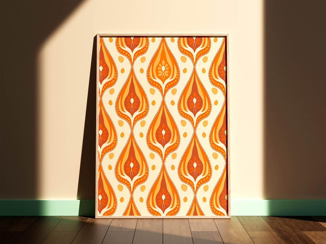 Warm Orange Cream 1970s Retro Repeating Oval Pattern Art Poster