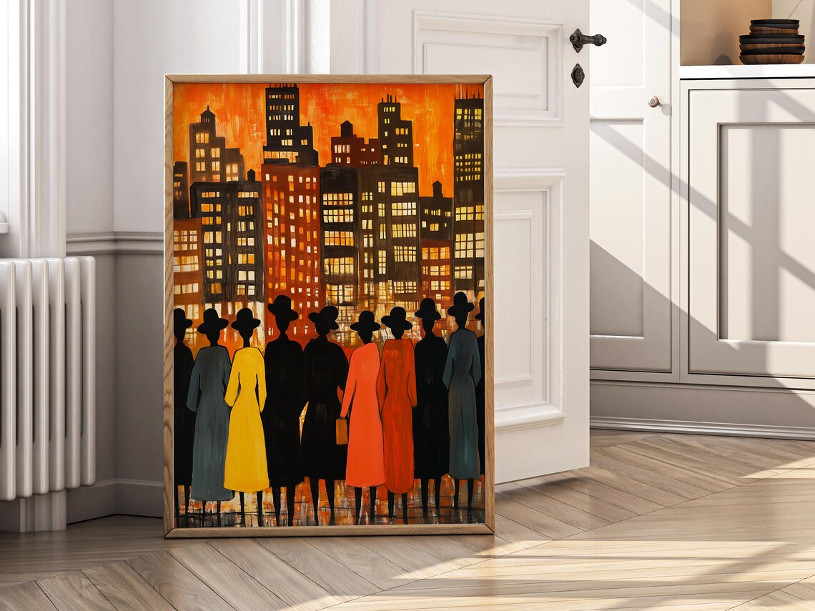 Elegant Ladies in Bright Colorful Coats Sunset City Skyline Poster