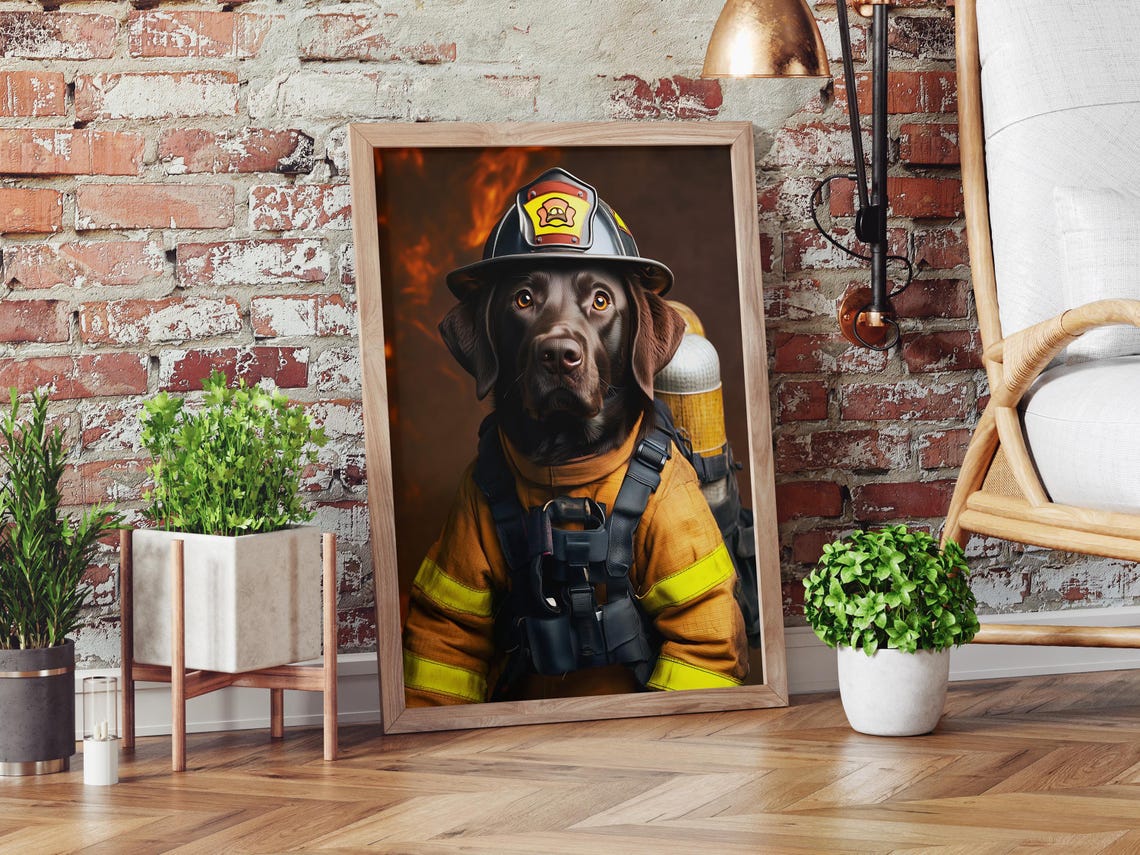 Chocolate Lab Firefighter Helmet Turnout Gear Hero Dog Poster