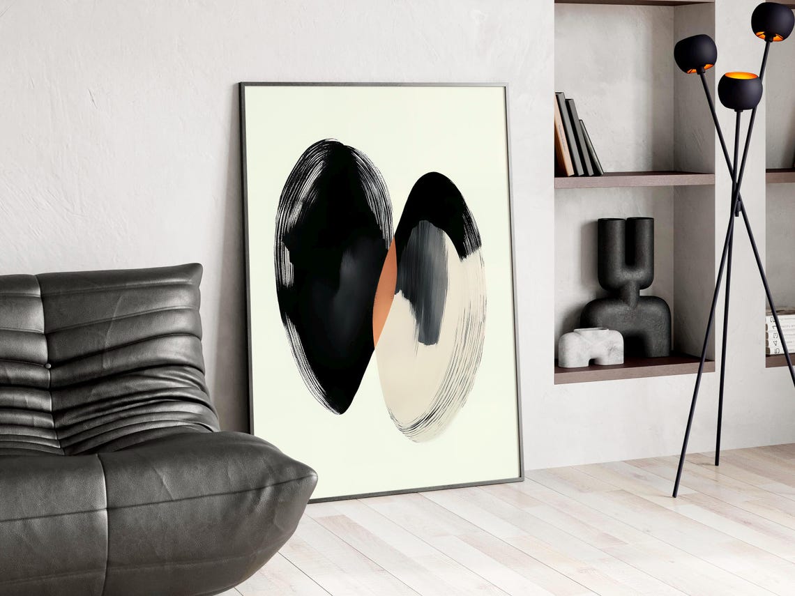Overlapping Teardrop Brush Forms Black Cream Abstract Art Poster