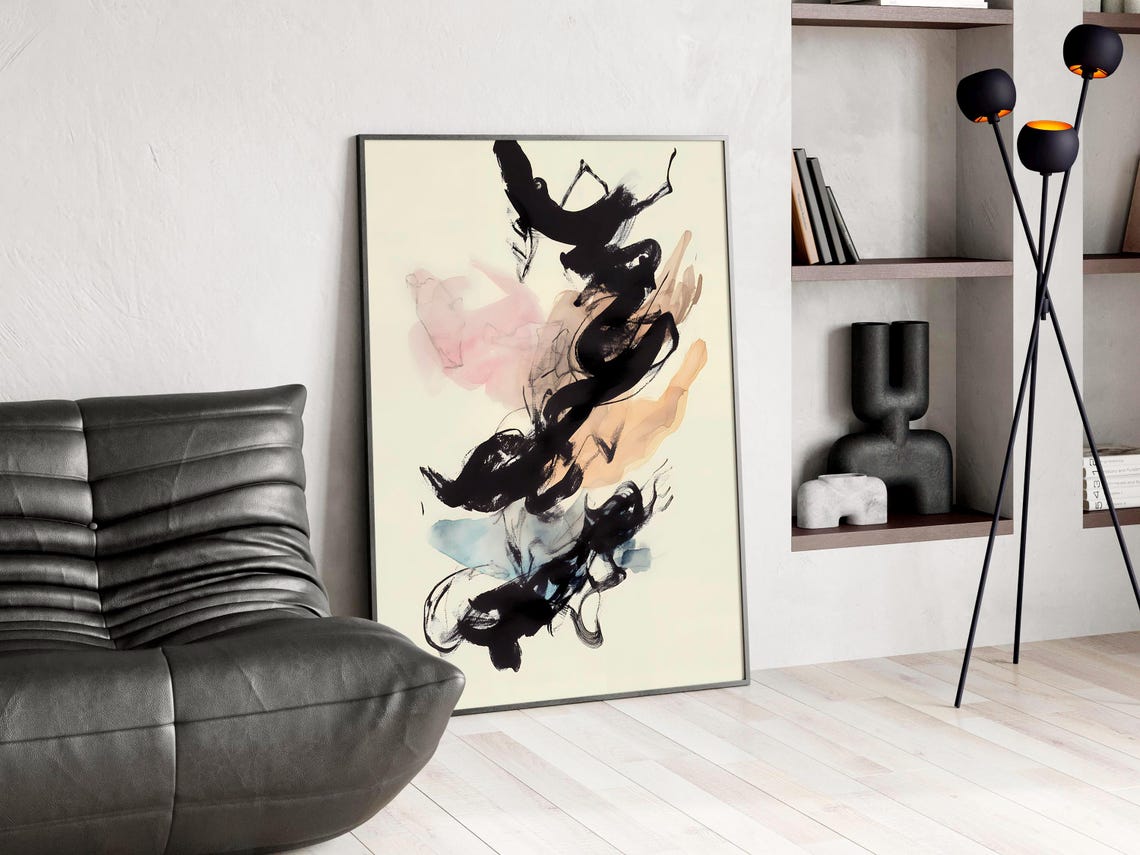Abstract Black Ink Wash With Soft Pink and Blue Tones Modern Poster