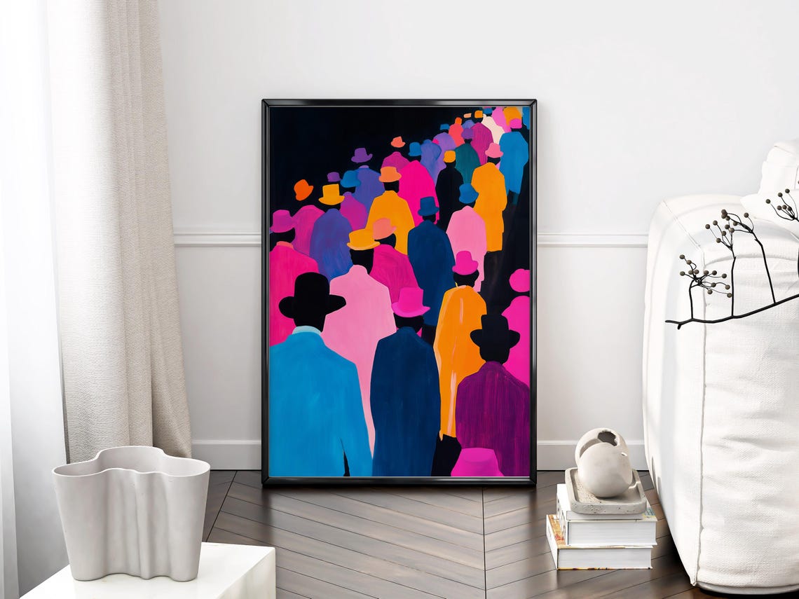 Maximalist Crowd of Figures in Hats Pink Purple Coats Poster