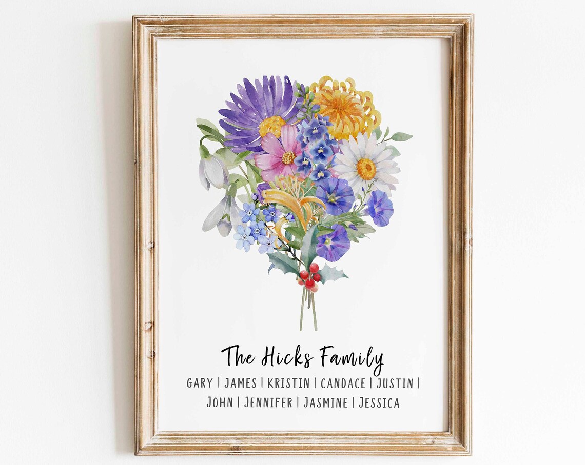 Custom Birth Flower Family Bouquet Christmas Art Print