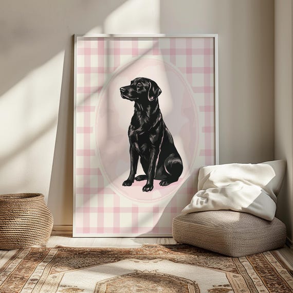 Black Labrador Retriever Nursery Art Vintage Cute Dog Print Kids Room Decor Playroom Trendy Poster Pink Drawing Girl