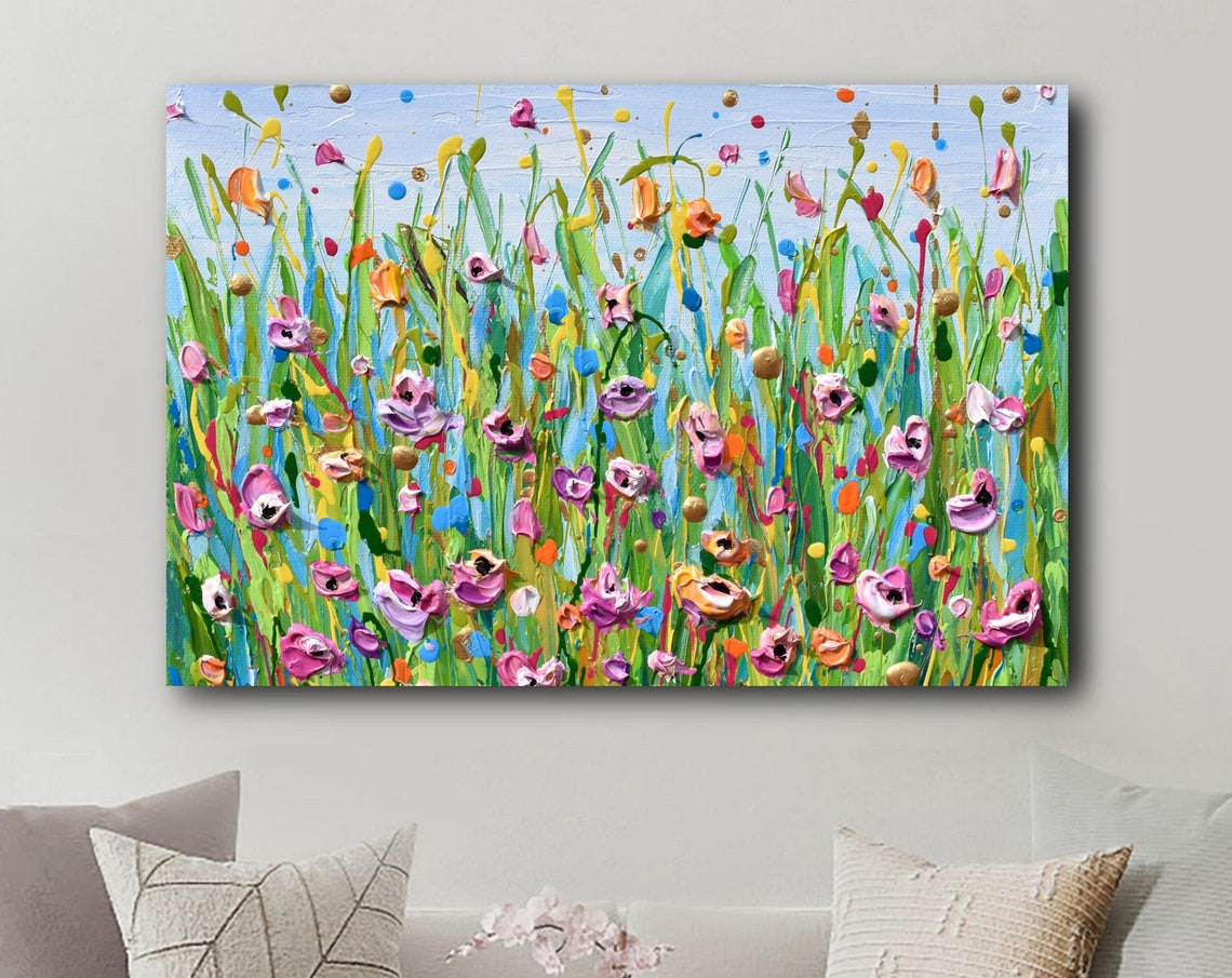 Pink Purple Tulip Meadow Green Grass Blue Sky Impasto Art Print