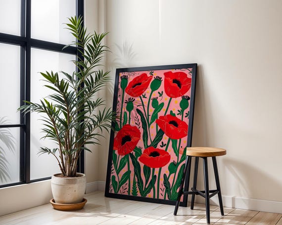 Red Poppy Flower Art Print Colorful Botanical Floral Poster Modern Pink And Wall Decor Vibrant Meadow Blossom Gift Idea