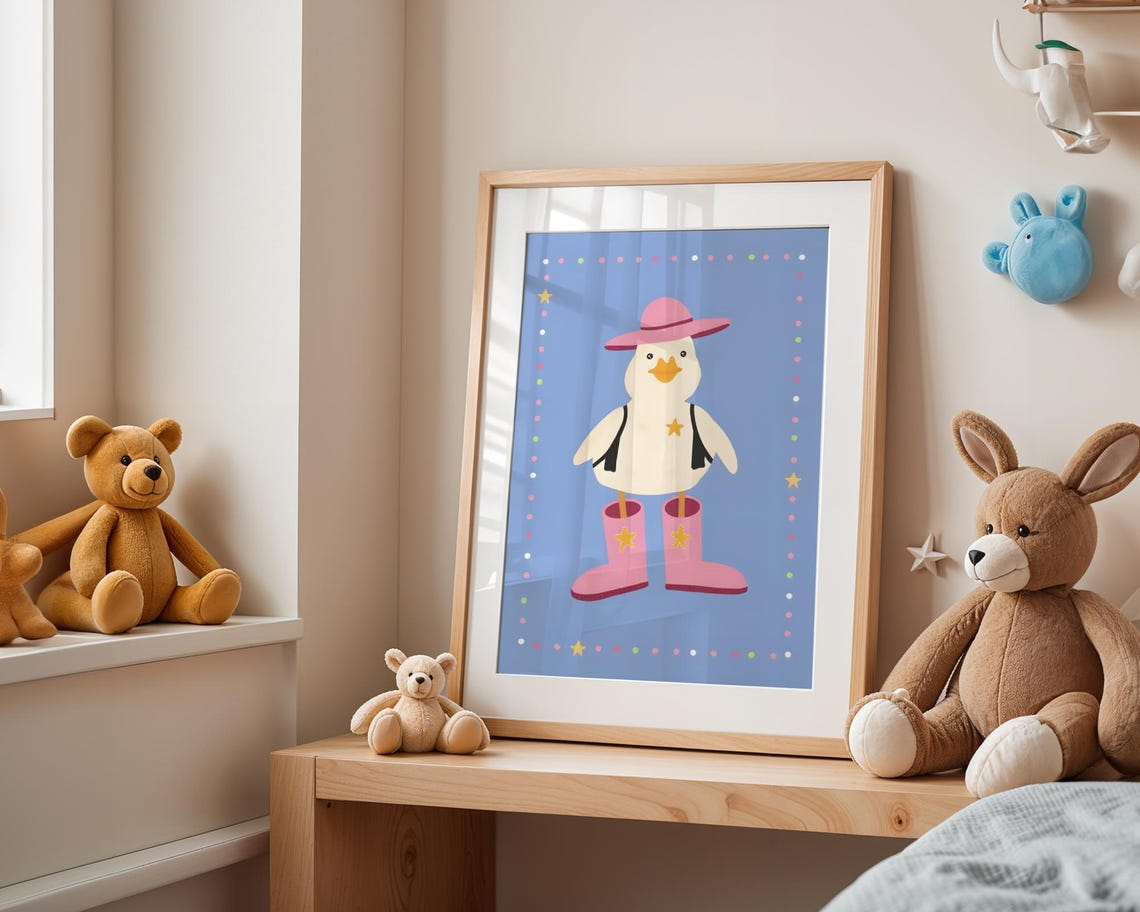 Cowboy Duck Pink Boots Hat Kids Nursery Cute Animal Wall Poster