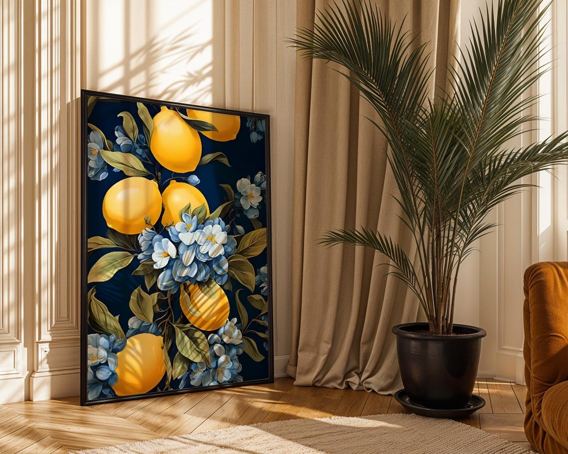 Mediterranean Lemon Blossom Botanical Navy Citrus Kitchen Print