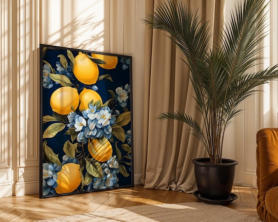 Mediterranean Lemon Blossom Botanical Navy Citrus Kitchen Print