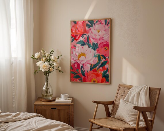 Bold Pink Peony Flowers Colorful Coral Vintage Oil Painting Poster