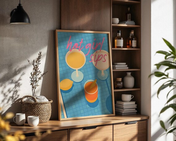 Hot Girl Sips Retro Cocktail Poolside Bar Cart Quote Wall Poster