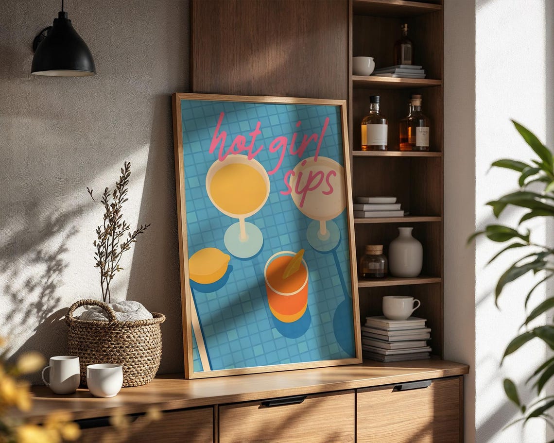 Hot Girl Sips Retro Cocktail Poolside Bar Cart Quote Wall Poster