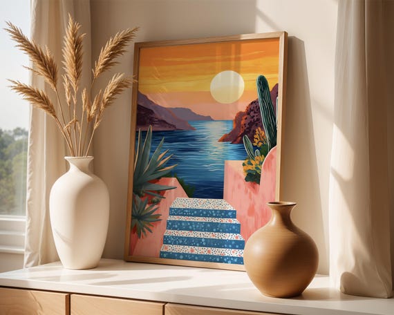 Mediterranean Sunset Beach Art Print Retro Terrazzo Stairs Poster Pink Coastal Landscape Wall Decor Cute Ocean Vacation Gift Idea