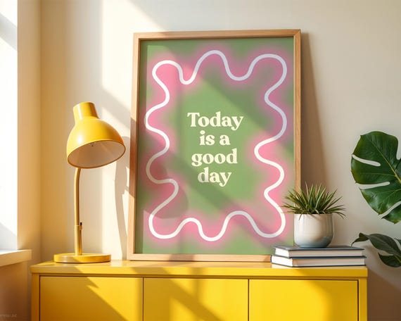 Positive Vibes Typography Print Wall Art Wavy Neon Style Motivational Home Decor