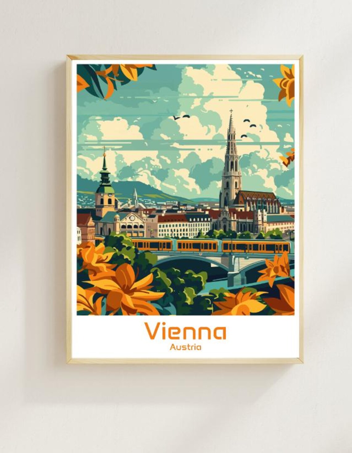Vienna Austria City Skyline Tram Church Spires Travel Poster