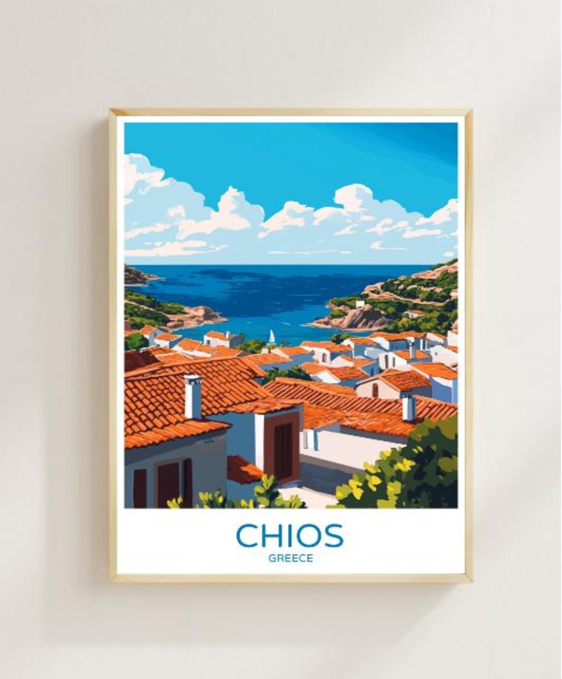 Chios Greece Travel Poster Red Roof Village Aegean Bay View Decor