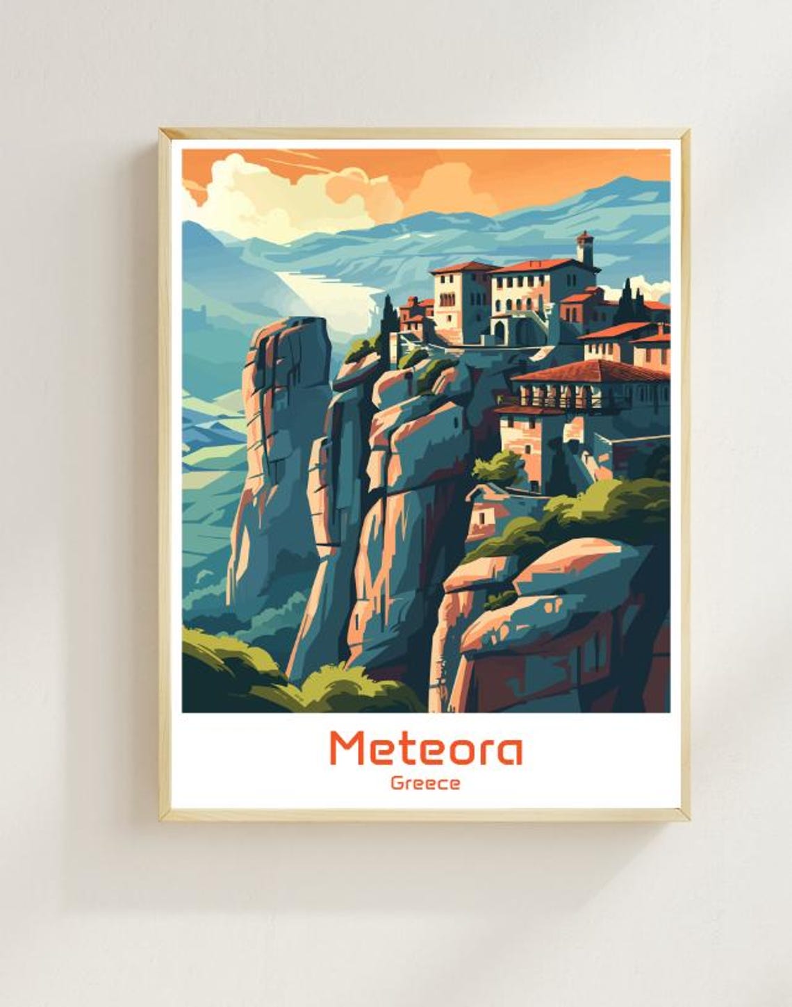 Meteora Greece Monastery Cliffs Sunset Illustration Travel Poster
