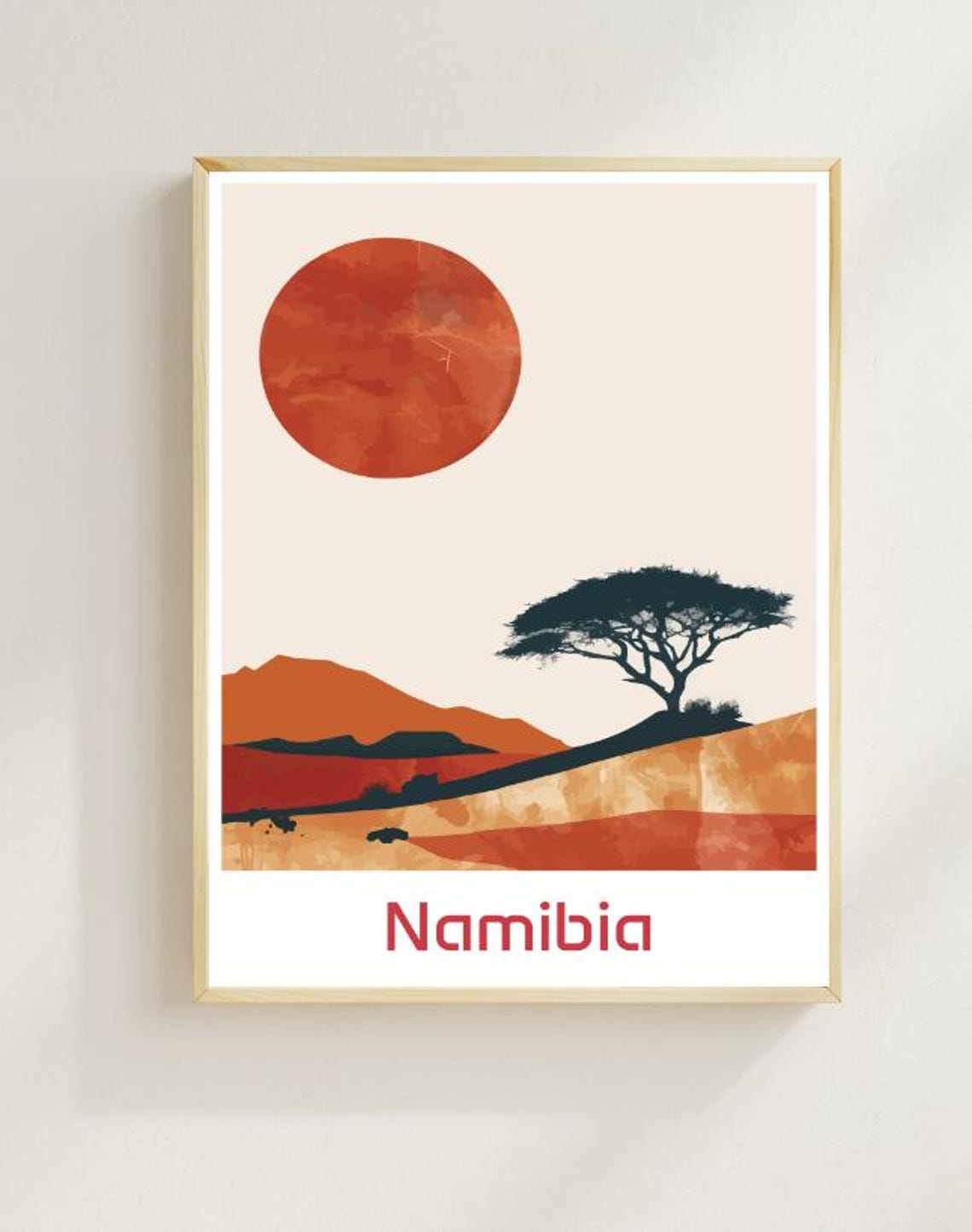 Namibia Desert Acacia Tree Red Sun Minimalist Landscape Art Print